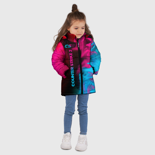 Зимняя куртка для девочек 3D с принтом Counter Strike 2 - neon gradient: по-вертикали, вид сбоку #3