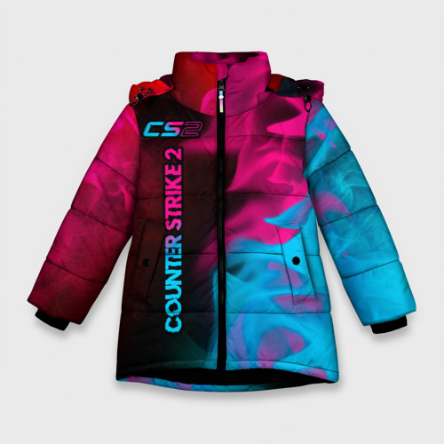 Зимняя куртка для девочек 3D с принтом Counter Strike 2 - neon gradient: по-вертикали, вид спереди #2