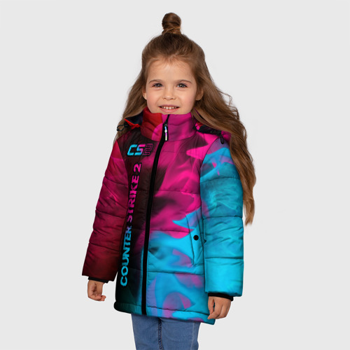Зимняя куртка для девочек 3D с принтом Counter Strike 2 - neon gradient: по-вертикали, фото на моделе #1