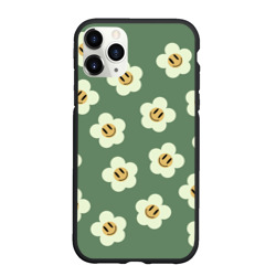 Чехол для iPhone 11 Pro Max матовый Цветочки-смайлики: темно-зеленый паттерн