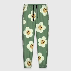 Мужские брюки 3D Цветочки-смайлики: темно-зеленый паттерн
