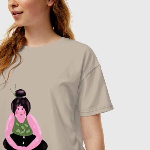 Женская футболка хлопок Oversize с принтом Толстушка-йогиня, фото на моделе #1