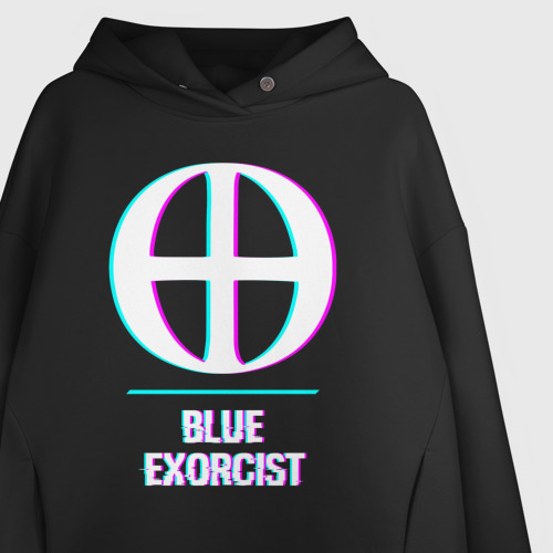 Женское худи Oversize хлопок Символ Blue Exorcist в стиле glitch, цвет черный - фото 3