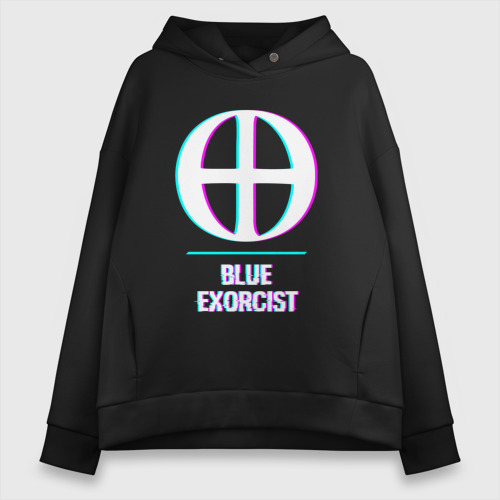 Женское худи Oversize хлопок Символ Blue Exorcist в стиле glitch, цвет черный