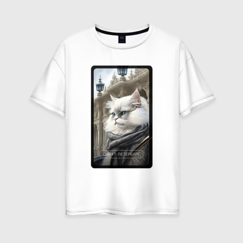 Женская футболка оверсайз из хлопка с принтом Санкт-Петербург котик, вид спереди №1
