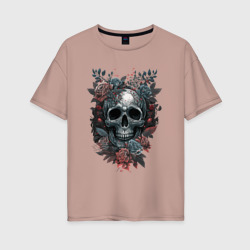Женская футболка хлопок Oversize Череп в розах тату