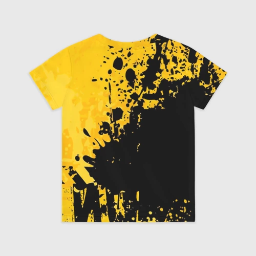 Детская футболка 3D с принтом Пятна черной краски на желтом фоне, вид сзади #1