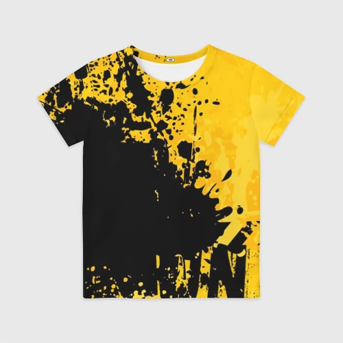Детская футболка 3D с принтом Пятна черной краски на желтом фоне, вид спереди #2