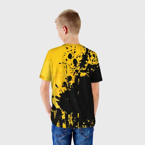 Детская футболка 3D с принтом Пятна черной краски на желтом фоне, вид сзади #2