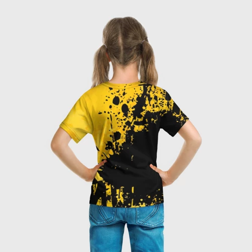 Детская футболка 3D с принтом Пятна черной краски на желтом фоне, вид сзади #2