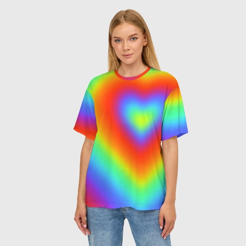 Женская футболка oversize 3D Сердце - радужный градиент - фото 3