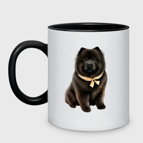 Кружка двухцветная с принтом Чау-чау черный с бантиком, вид спереди #2