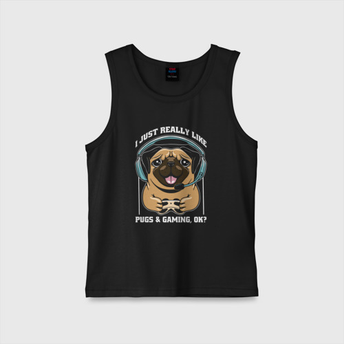 Детская майка хлопок I just really like pugs gaming ok, цвет черный