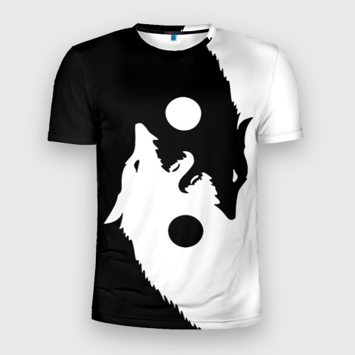 Мужская приталенная футболка с принтом Инь-Ян волки, вид спереди №1