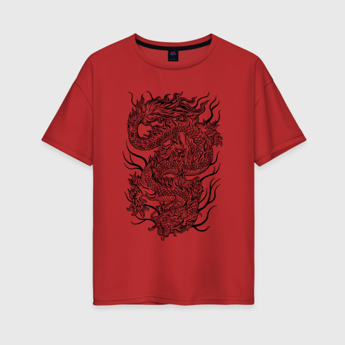 Женская футболка хлопок Oversize Japan fire dragon, цвет красный