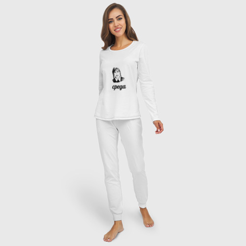 Женская пижама с лонгсливом хлопок Уэнсдэй - мем среда, цвет белый - фото 3