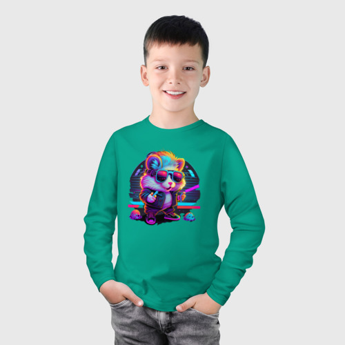 Детский лонгслив хлопок с принтом Хомяк в неоновом свете, фото на моделе #1
