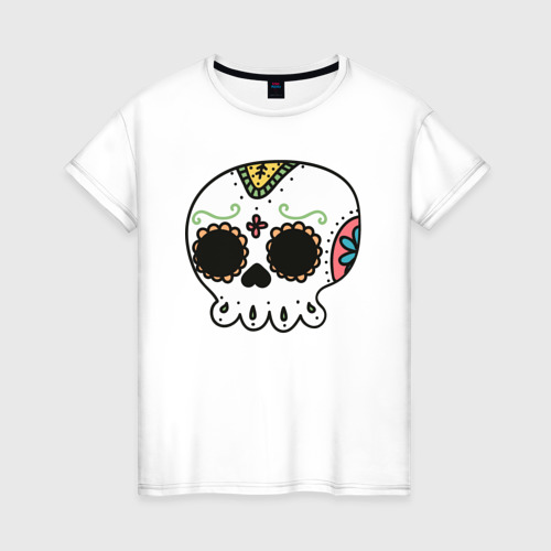 Женская футболка из хлопка с принтом Добрый мексиканский череп, вид спереди №1
