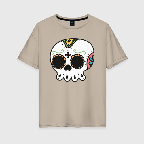 Женская футболка хлопок Oversize Добрый мексиканский череп, цвет миндальный
