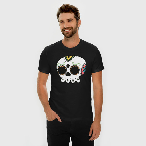 Мужская футболка хлопок Slim Добрый мексиканский череп, цвет черный - фото 3
