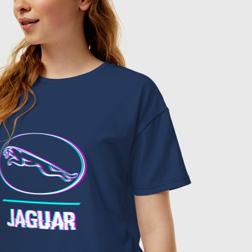 Женская футболка хлопок Oversize с принтом Значок Jaguar в стиле glitch, фото на моделе #1