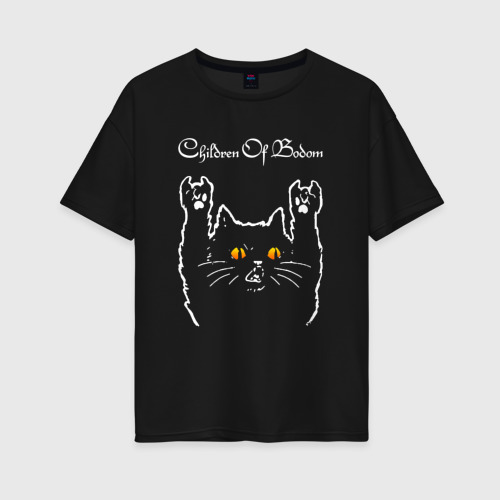 Женская футболка хлопок Oversize Children of Bodom rock cat, цвет черный