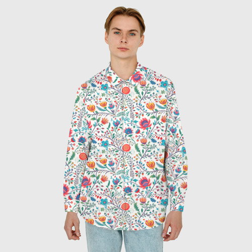 Мужская рубашка oversize 3D с принтом Рисунок Летние цветы, фото на моделе #1