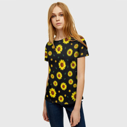 Женская футболка 3D Желтые ромашки на черном - фото 2