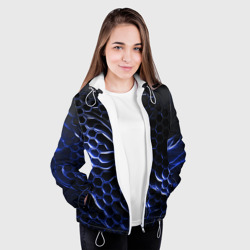 Куртка с принтом Синие объемные плиты для женщины, вид на модели спереди №3. Цвет основы: белый