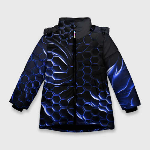Зимняя куртка для девочек с принтом Синие объемные плиты, вид спереди №1