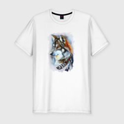 Мужская футболка хлопок Slim Дикий волк с перьями