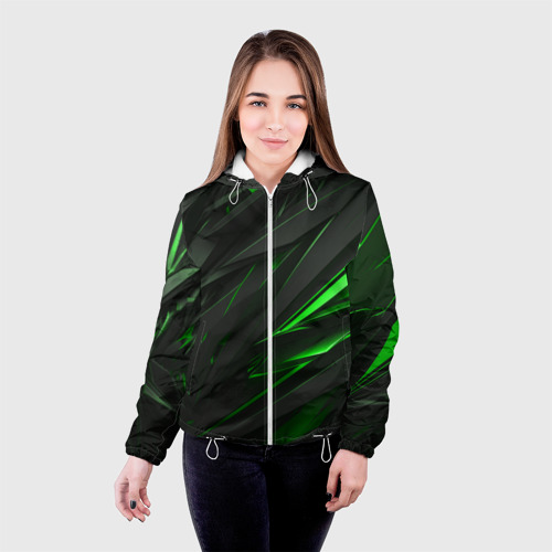 Женская куртка 3D Черные объекты в зеленым свечением, цвет белый - фото 3