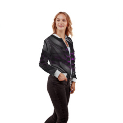 Бомбер с принтом Черные объекты с фиолетовой сеткой для женщины, вид на модели спереди №3. Цвет основы: белый