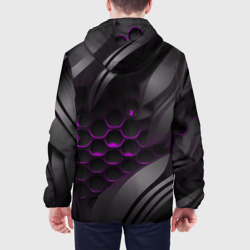 Куртка с принтом Черные объекты с фиолетовой сеткой для мужчины, вид на модели сзади №2. Цвет основы: белый