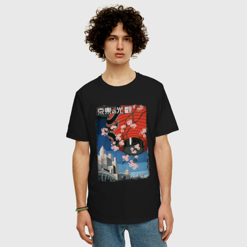 Мужская футболка хлопок Oversize с принтом Японский винтажный фонарик, фото на моделе #1