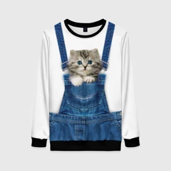 Женский свитшот 3D Котенок в кармане комбинезона