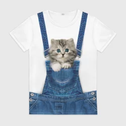 Женская футболка 3D Котенок в кармане комбинезона
