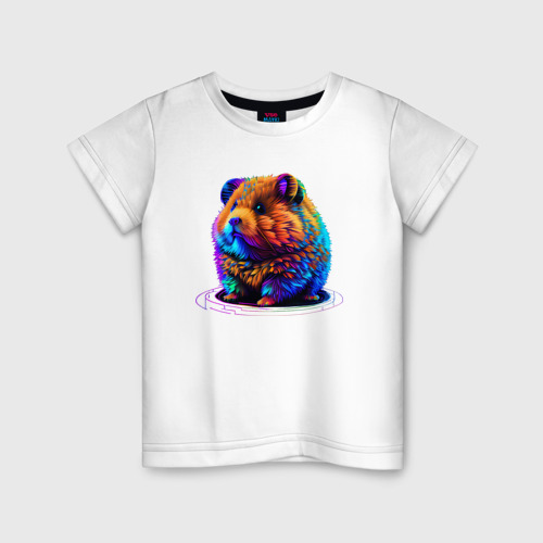 Детская футболка из хлопка с принтом Разноцветный хомяк в стиле Synthwave, вид спереди №1