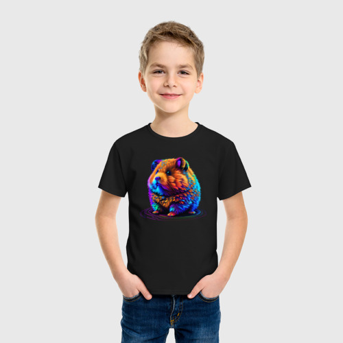 Детская футболка хлопок Разноцветный хомяк в стиле Synthwave, цвет черный - фото 3