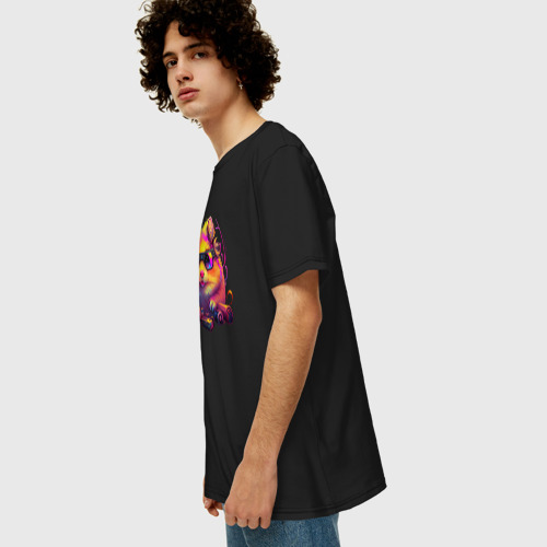 Мужская футболка хлопок Oversize с принтом Хомяк в очках в стиле synthwave, вид сбоку #3