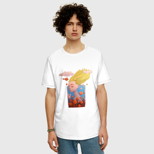 Мужская футболка хлопок Oversize с принтом Русалка в стакане воды, фото на моделе #1