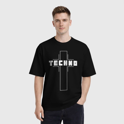Мужская футболка хлопок Oversize с принтом Techno крест, фото на моделе #1