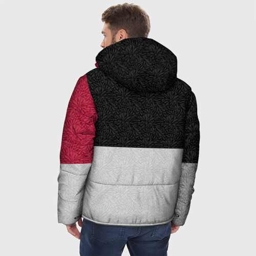 Мужская зимняя куртка 3D с принтом Комбинированный серо красный узор с надписью Россия, вид сзади #2