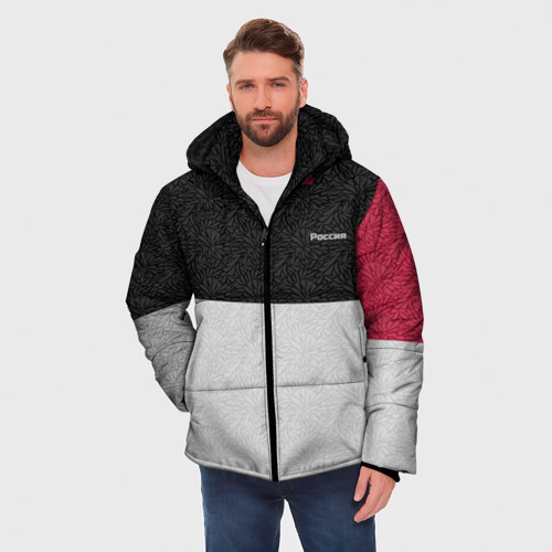 Мужская зимняя куртка 3D с принтом Комбинированный серо красный узор с надписью Россия, фото на моделе #1