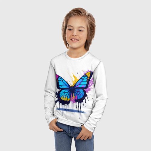 Детский лонгслив 3D с принтом Бабочка в красках, фото на моделе #1