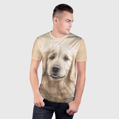 Мужская футболка 3D Slim с принтом Золотистый ретривер - на бежевом, фото на моделе #1