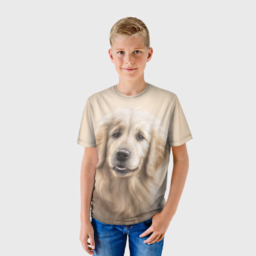 Детская футболка 3D Золотистый ретривер - на бежевом, цвет 3D печать - фото 3
