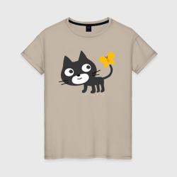 Женская футболка хлопок Чёрный котик и бабочка