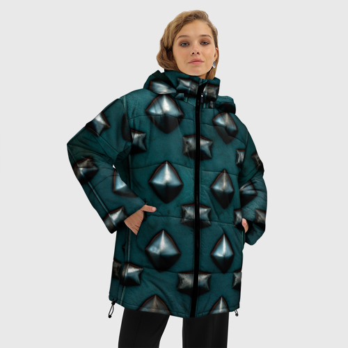 Женская зимняя куртка 3D с принтом Зелёная шипованная броня, фото на моделе #1