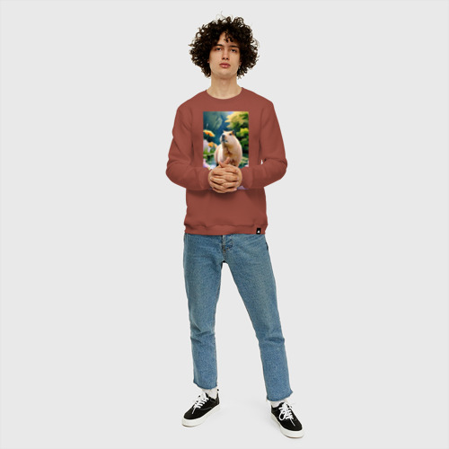 Мужской свитшот хлопок Портрет капибары в саду с прудом, цвет кирпичный - фото 5